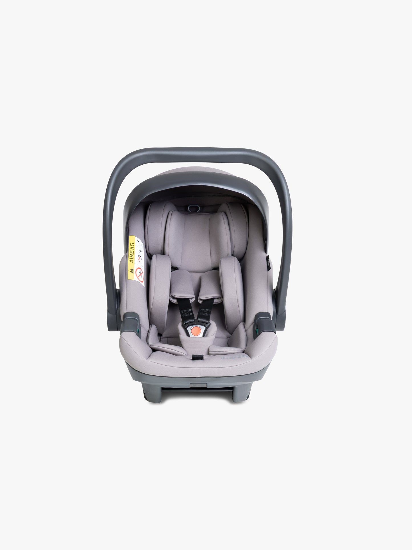 Grey baby car seat with base and ISOFIX connector on a white background
