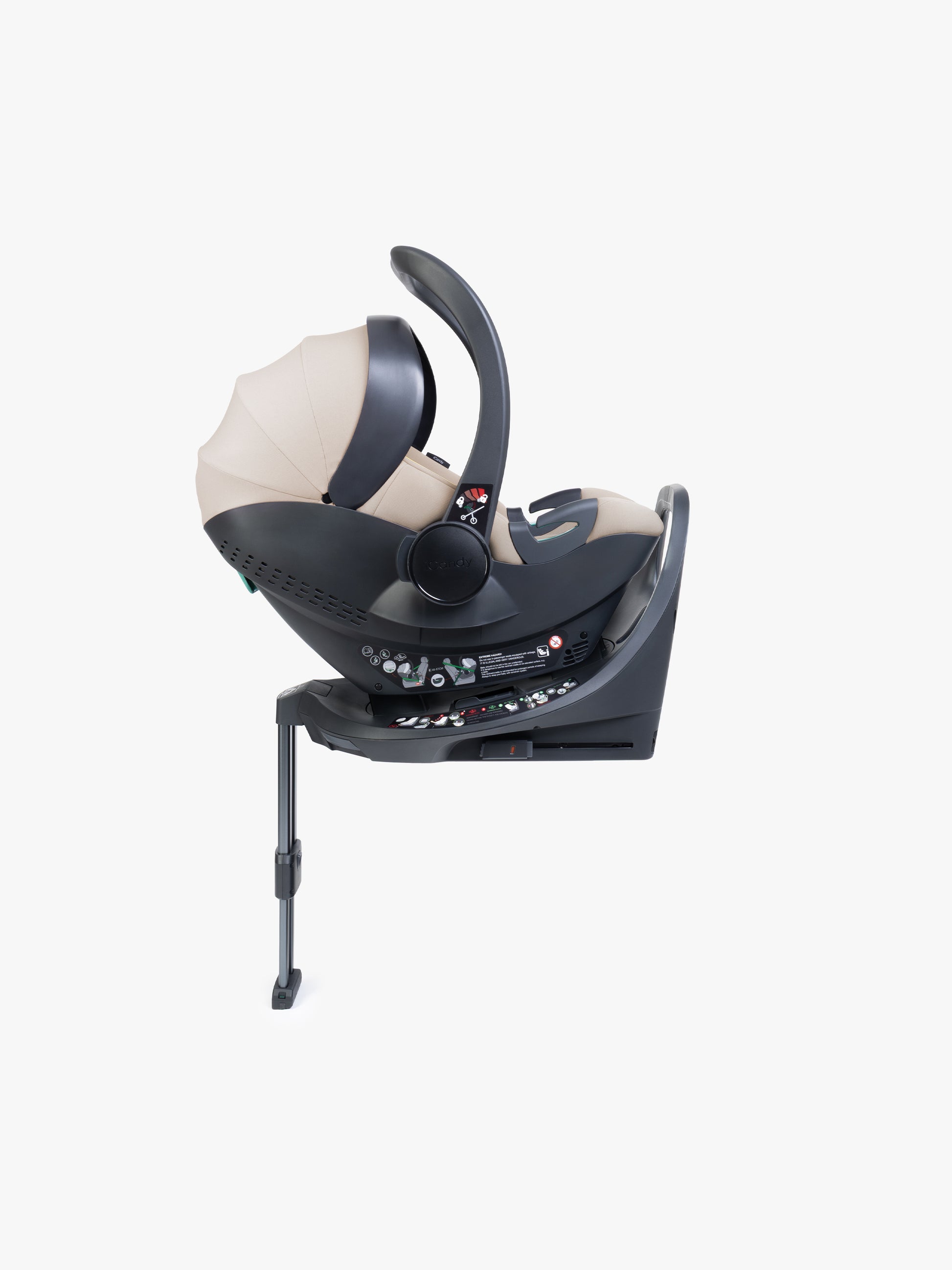 Beige baby car seat with base and ISOFIX connector on a white background
