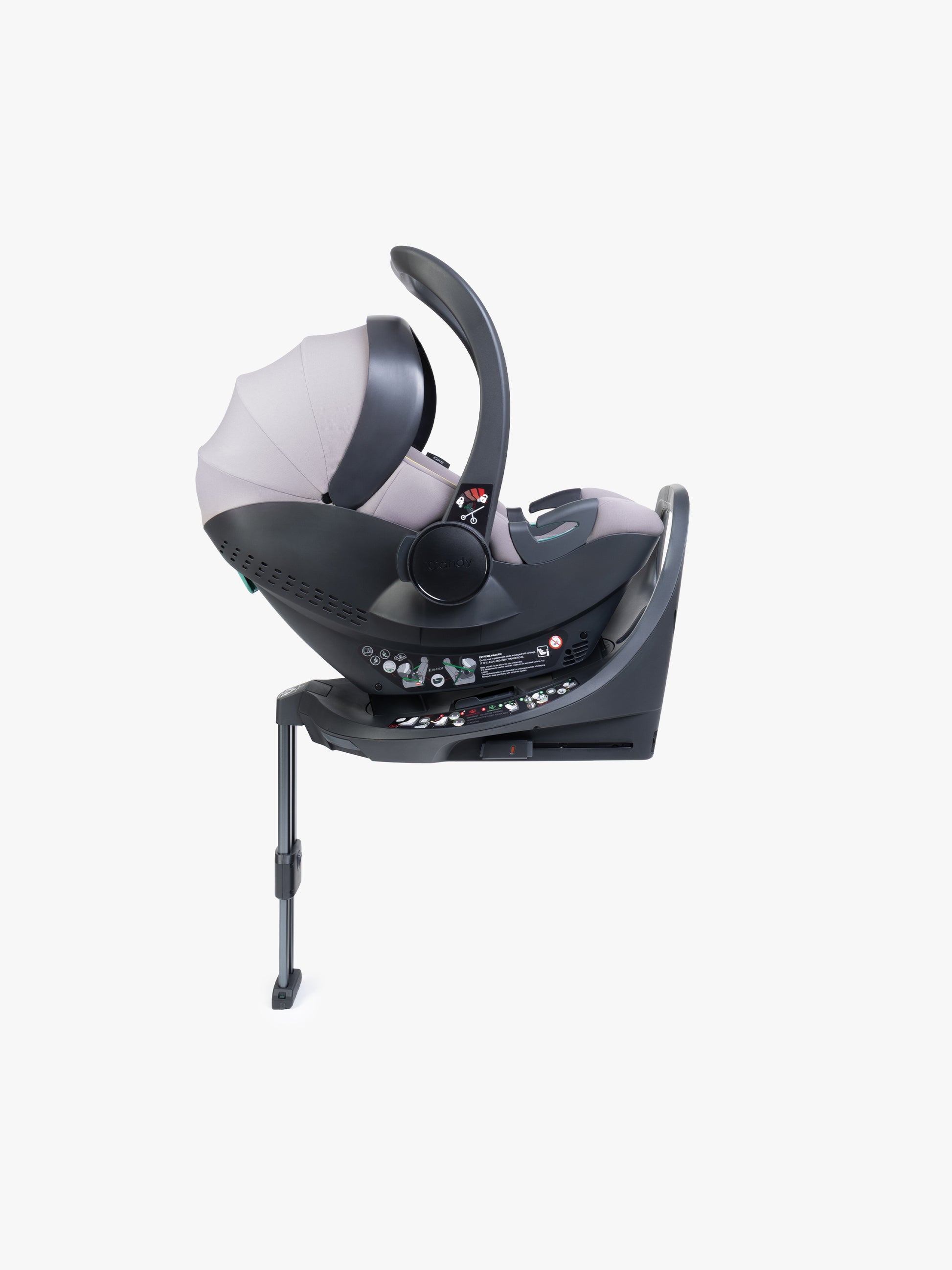 Grey baby car seat with base and ISOFIX connector on a white background