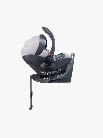 Grey baby car seat with base and ISOFIX connector on a white background