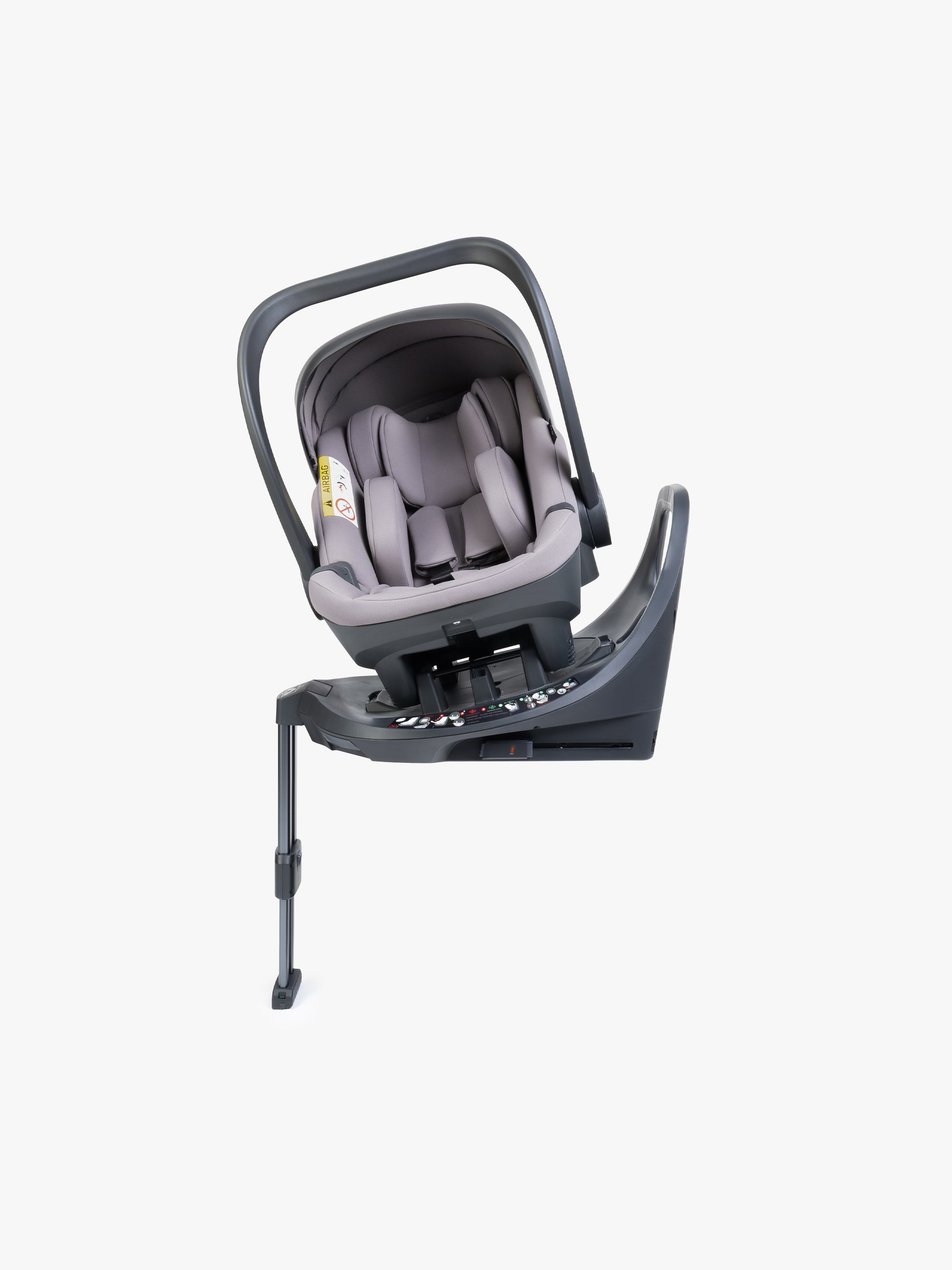 Grey baby car seat with base and ISOFIX connector on a white background