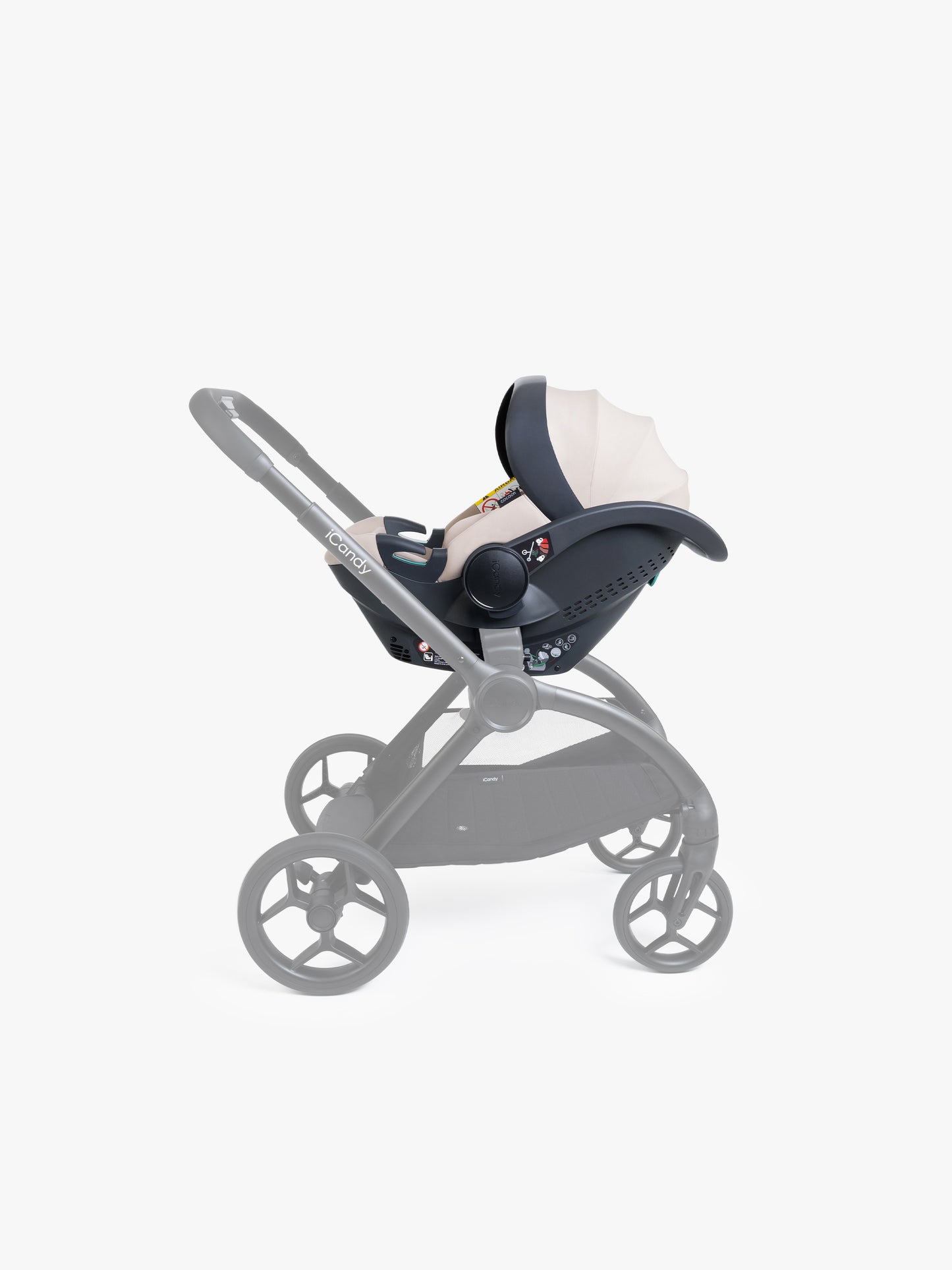 Beige baby car seat with base and ISOFIX connector on a white background