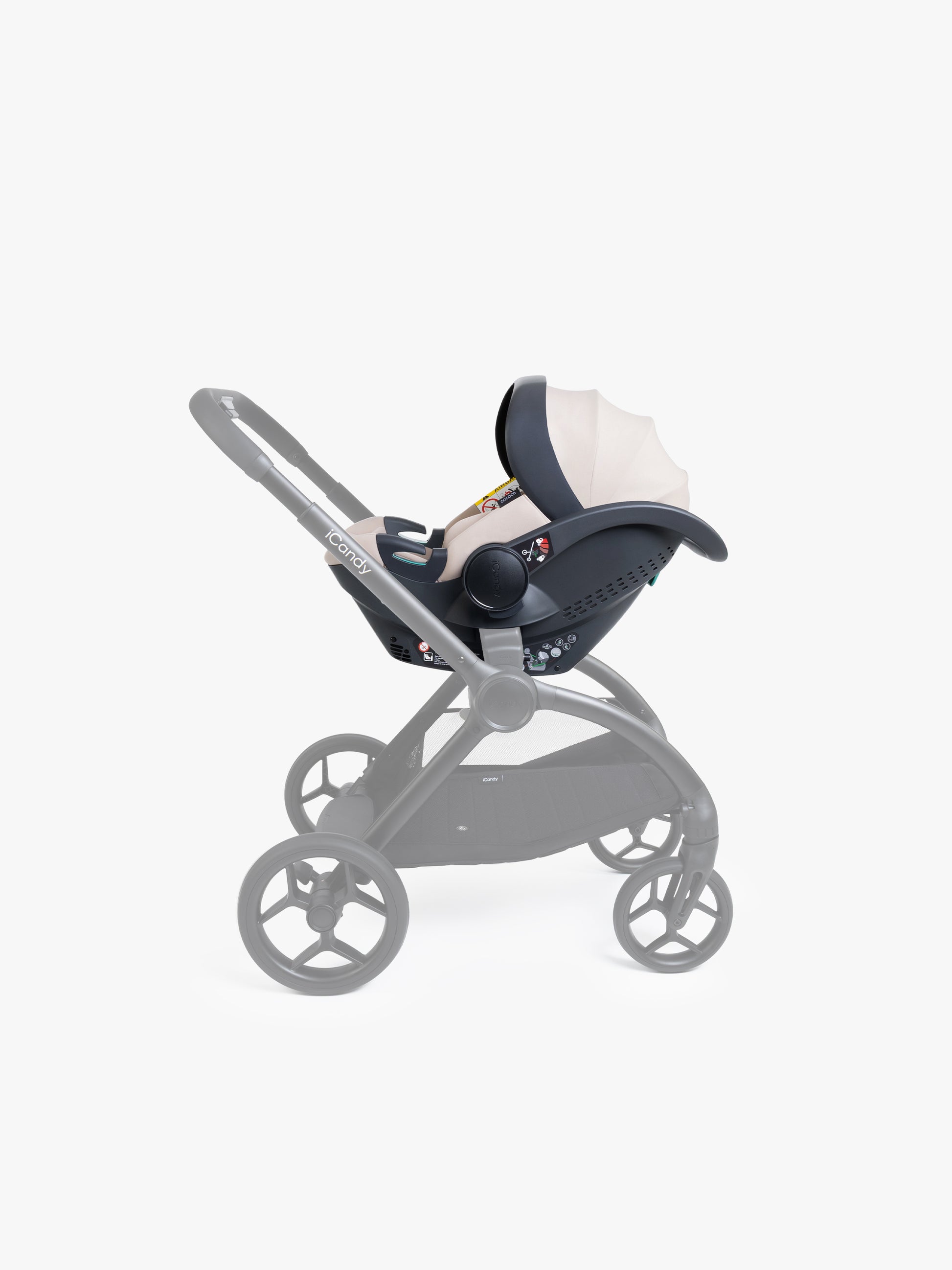 Beige baby car seat with base and ISOFIX connector on a white background