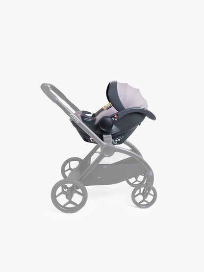 Grey baby car seat with base and ISOFIX connector on a white background