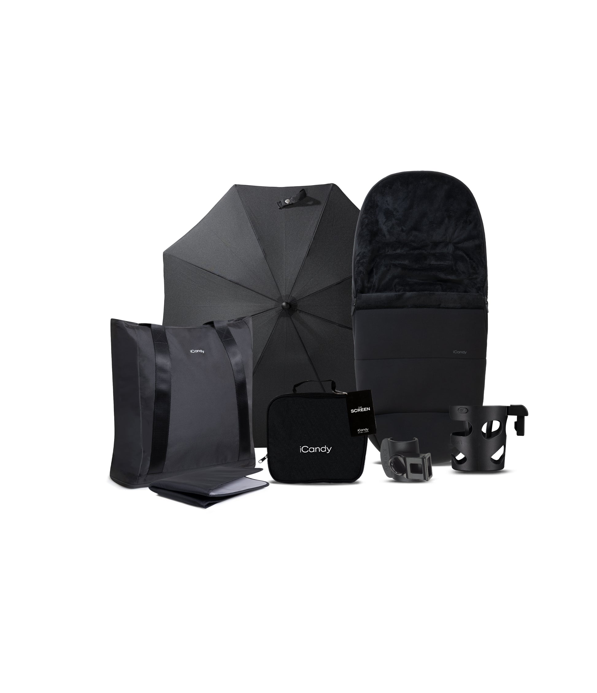 iCandy core 2 pushchair and accessory bundle in black colour way with aton b2 car seat and base.