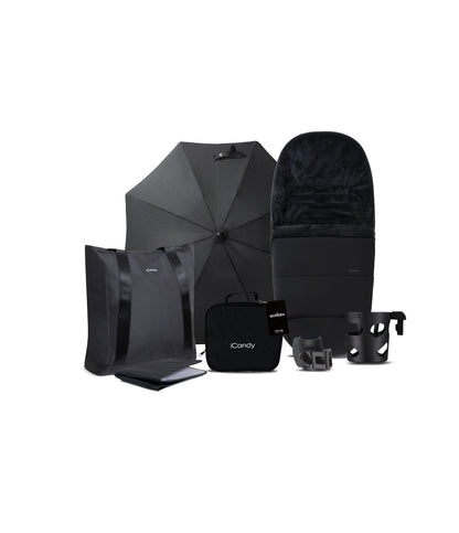 iCandy core 2 pushchair and accessory bundle in black colour way with aton b2 car seat and base.