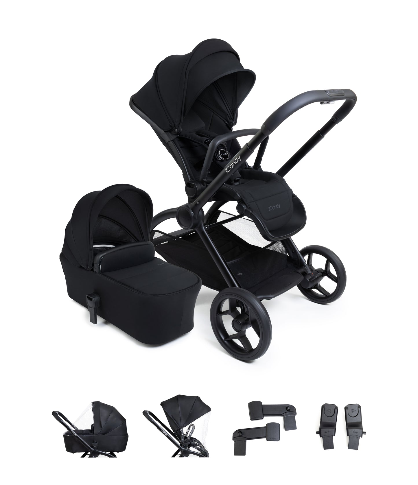 iCandy core 2 pushchair and accessory bundle in black colour way with aton b2 car seat and base.