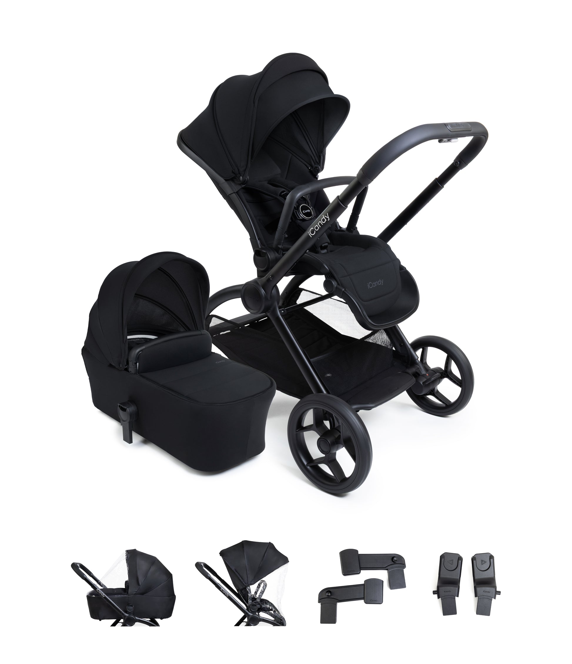 iCandy core 2 pushchair and accessory bundle in black colour way with aton b2 car seat and base.