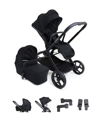 iCandy core 2 pushchair and accessory bundle in black colour way with aton b2 car seat and base.