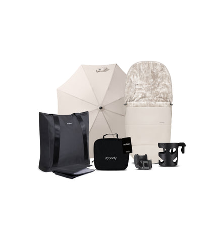 iCandy core 2 pushchair and accessory bundle in sandstone colour way with aton b2 car seat and base.