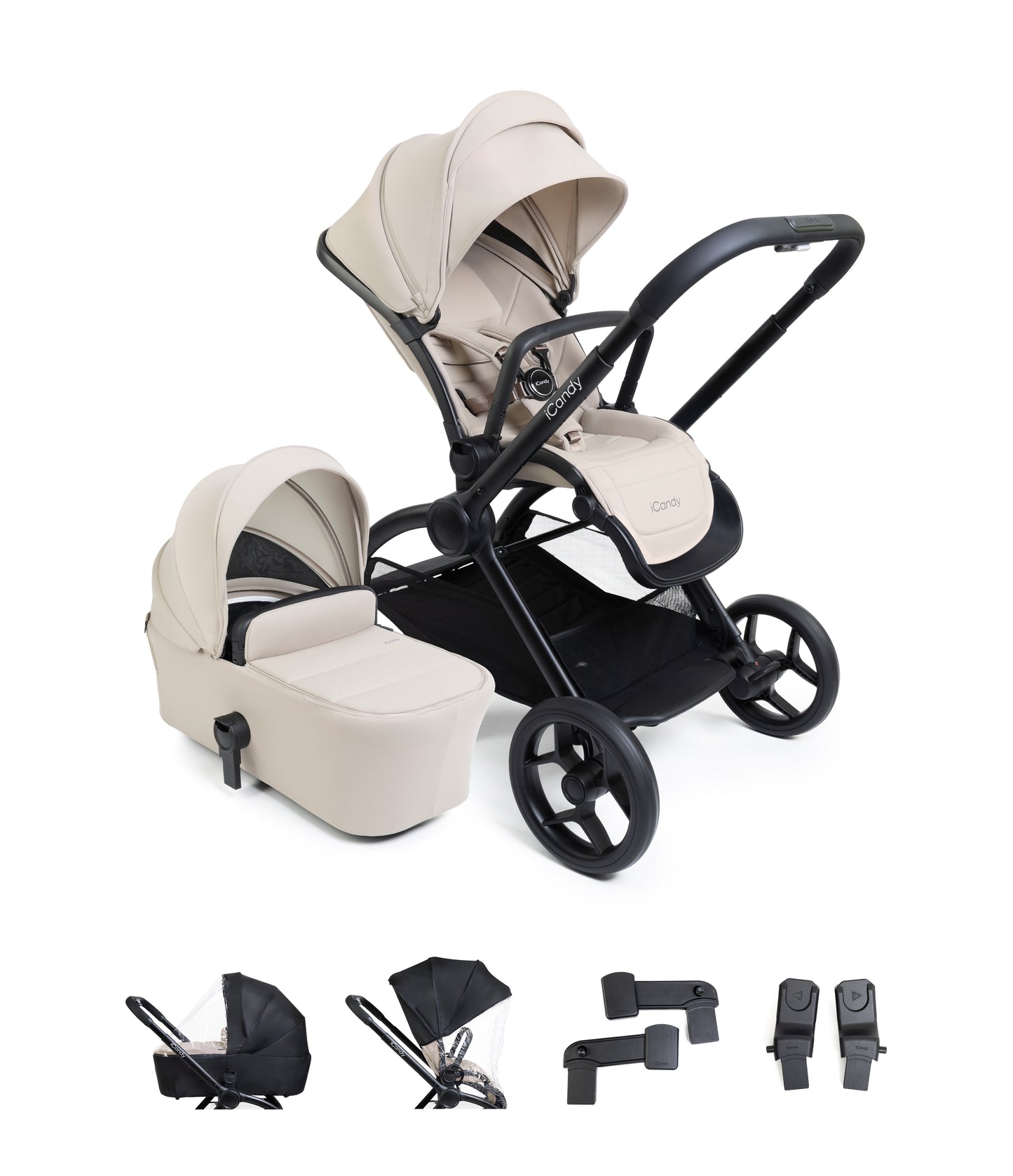 iCandy core 2 pushchair and accessory bundle in sandstone colour way with aton b2 car seat and base.