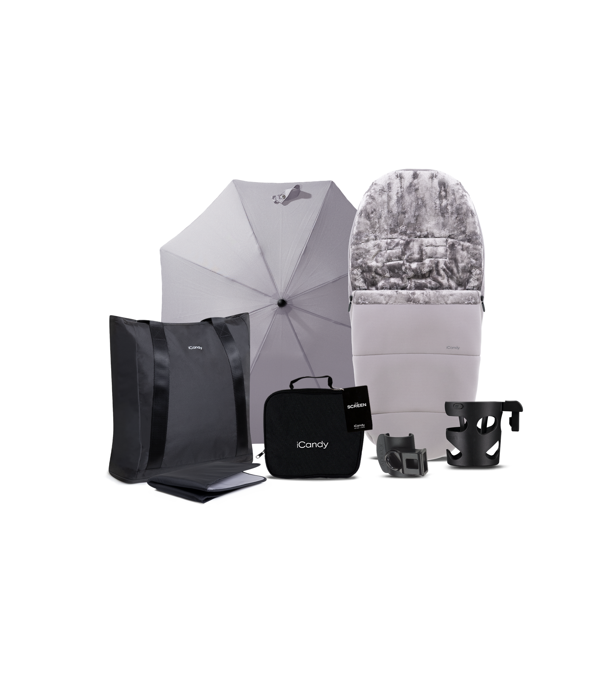 iCandy core 2 pushchair and accessory bundle in storm grey colour way with aton b2 car seat and base.