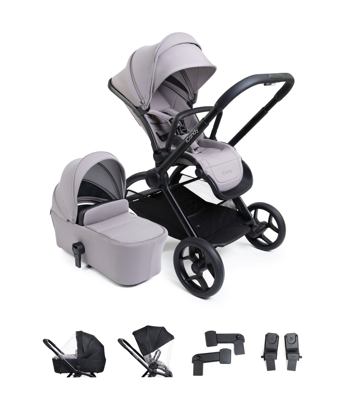 iCandy core 2 pushchair and accessory bundle in storm grey colour way with aton b2 car seat and base.
