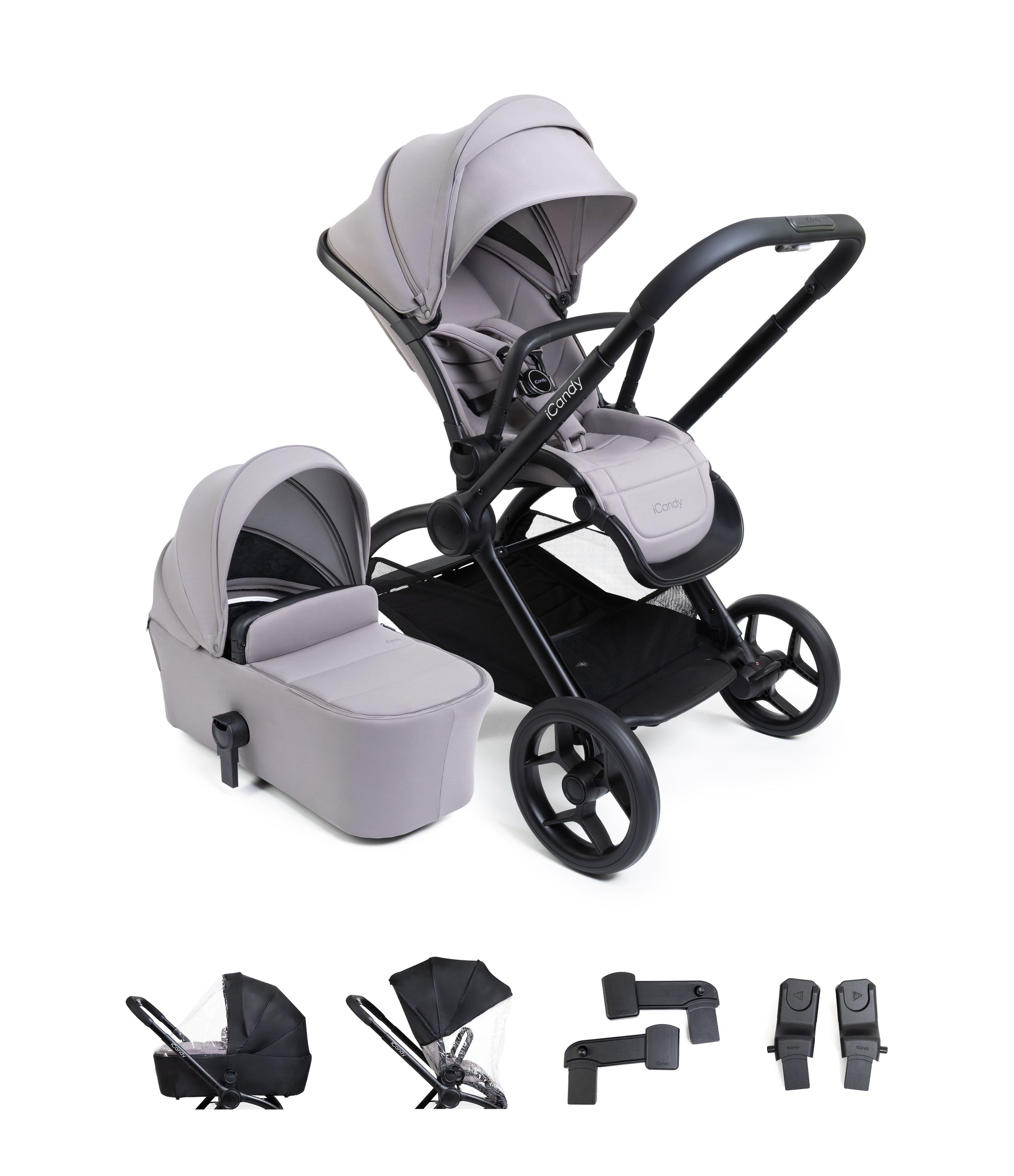 iCandy core 2 pushchair and accessory bundle in storm grey colour way with aton b2 car seat and base.