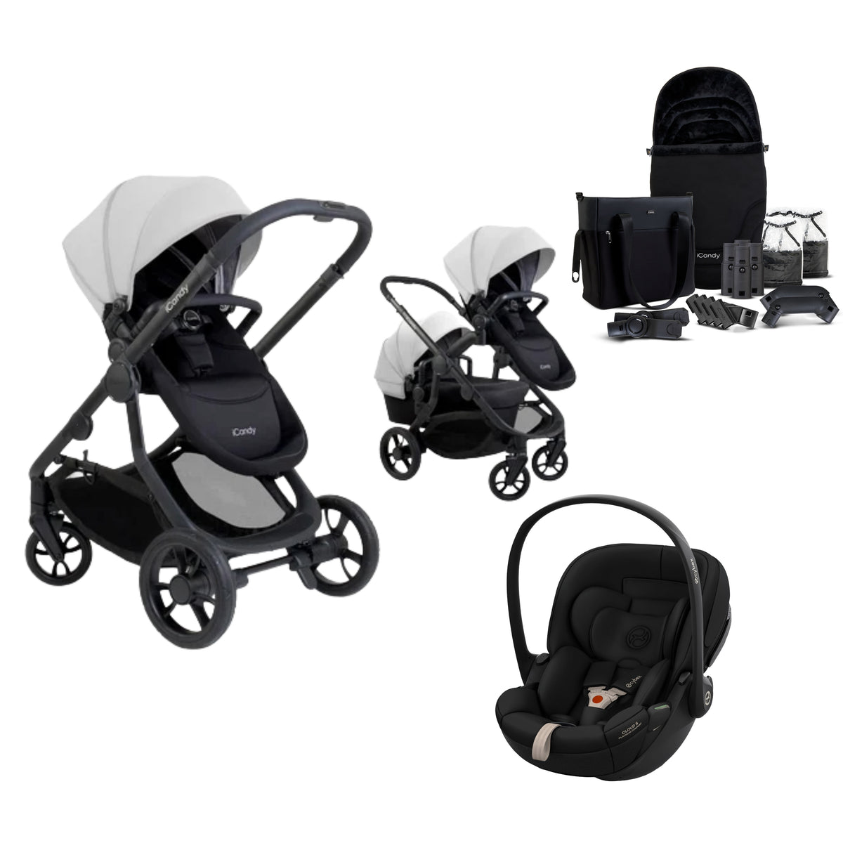 iCandy 4 travel system in glacier grey colour, with matching accessories and cybex cloud s car seat only.