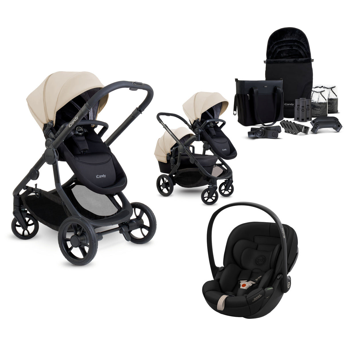 iCandy 4 travel system in latte beige colour, with matching accessories and cybex cloud s car seat only.