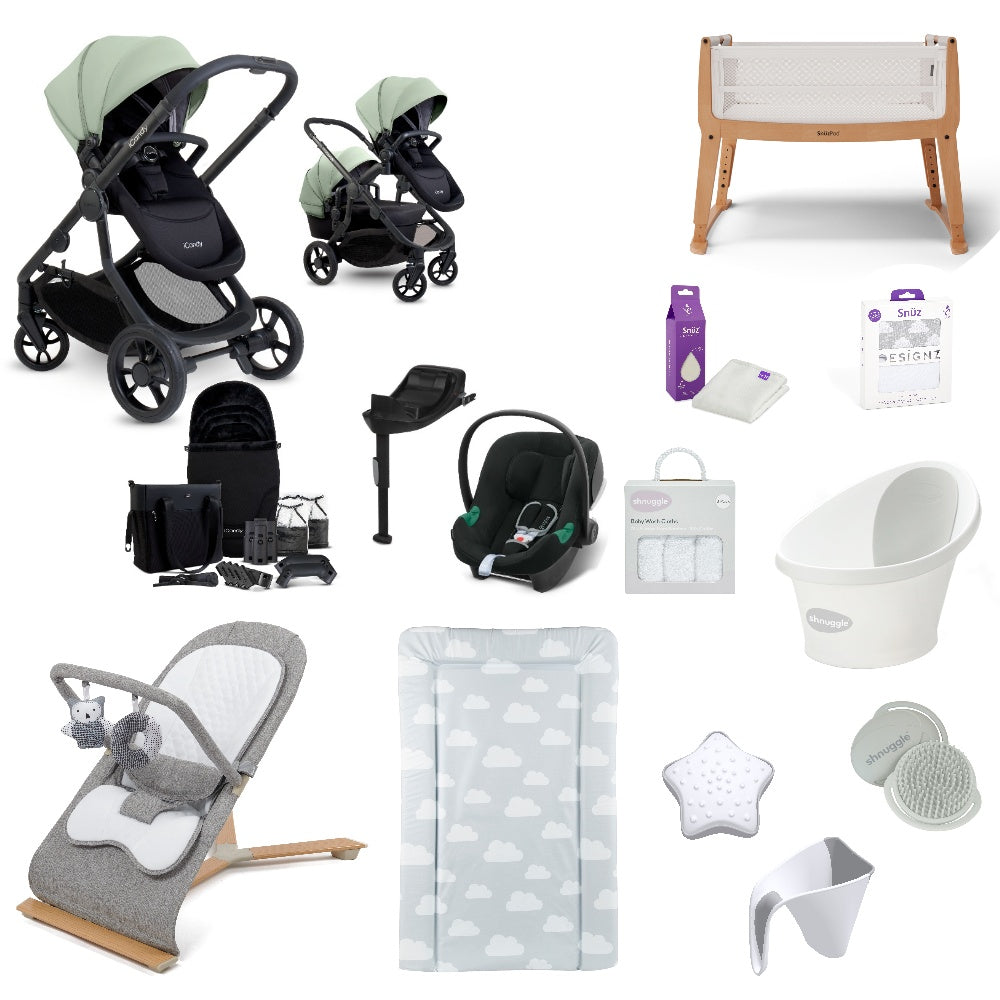 iCandy Orange 4 Pushchair & carrycot in Pistachio, complete with all babies essential including car seat, crib, bath and bath time accessories.