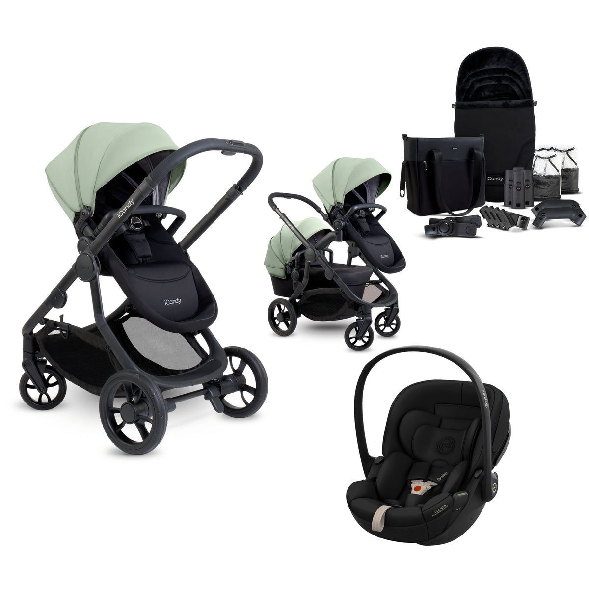 iCandy 4 travel system in pistachio green colour, with matching accessories and cybex cloud s car seat only.
