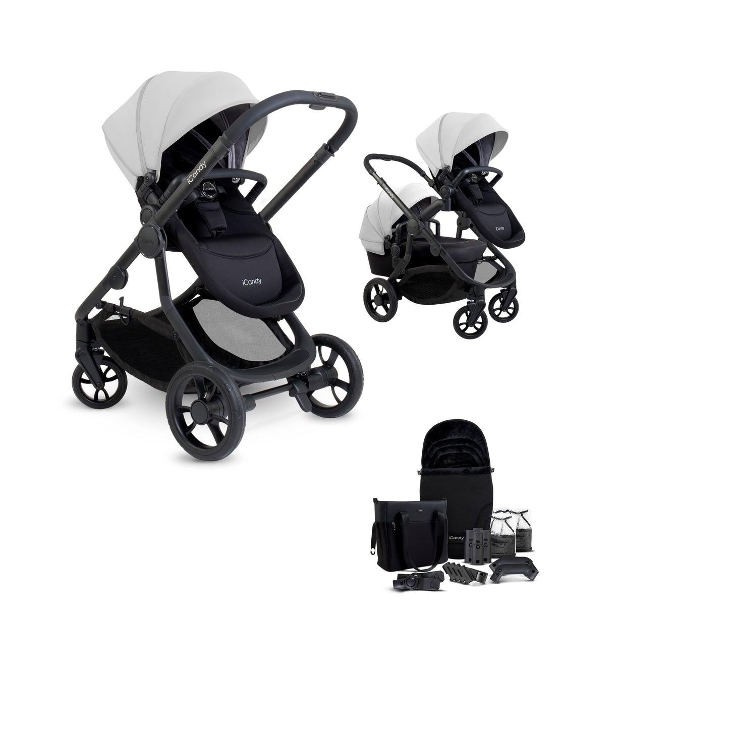 The iCandy Orange 4 glacier as a complete bundle, showcasing a range of accessories.