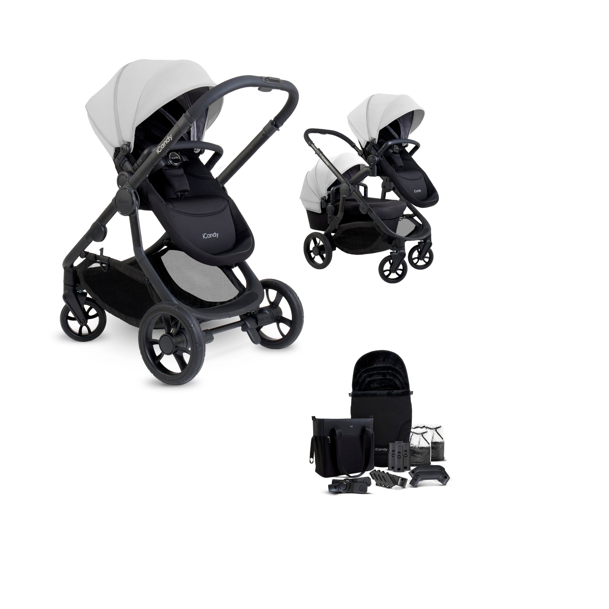 The iCandy Orange 4 glacier as a complete bundle, showcasing a range of accessories.