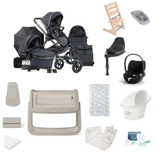 Icandy All Terrain Pushchair & carrycot in Storm Grey, complete with all babies essential including car seat, tripp trapp highchair, crib and bath.