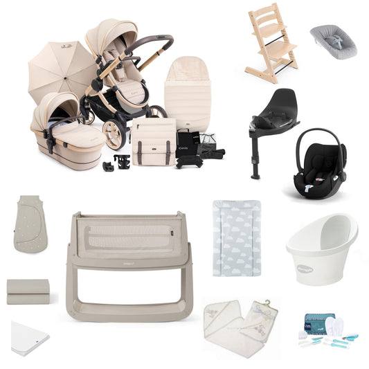 Icandy Peach 7 Pushchair & carrycot in biscotti, complete with all babies essential including car seat, tripp trapp highchair, crib and bath.