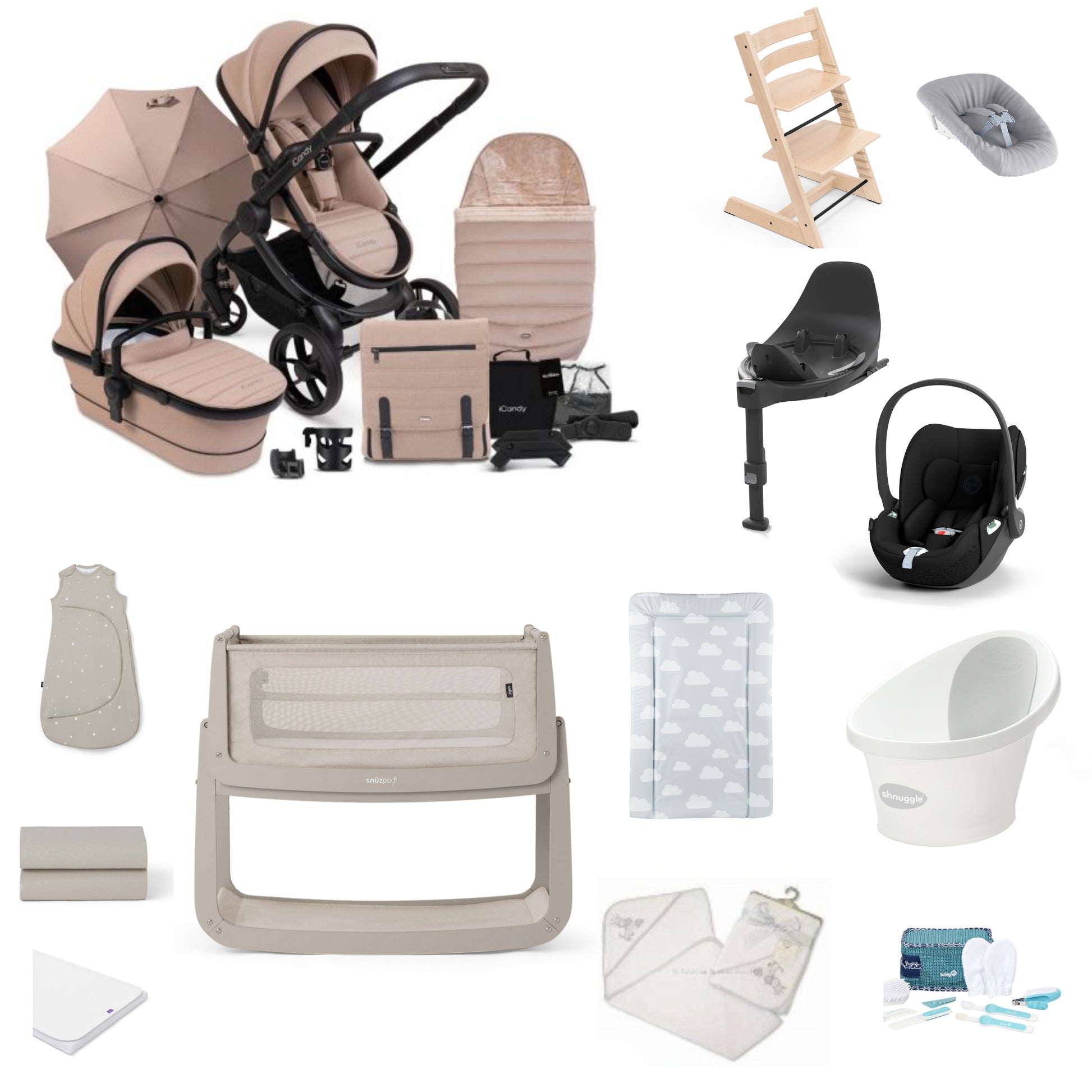 Icandy Peach 7 Pushchair & carrycot in cookie, complete with all babies essential including car seat, tripp trapp highchair, crib and bath.