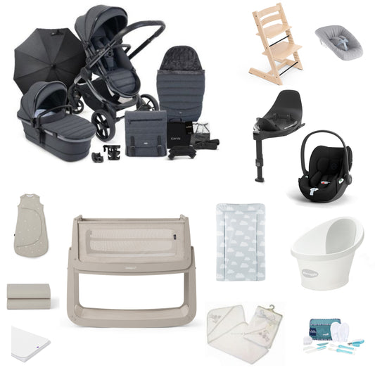 Icandy Peach 7 Pushchair & carrycot in dark grey, complete with all babies essential including car seat, tripp trapp highchair, crib and bath.