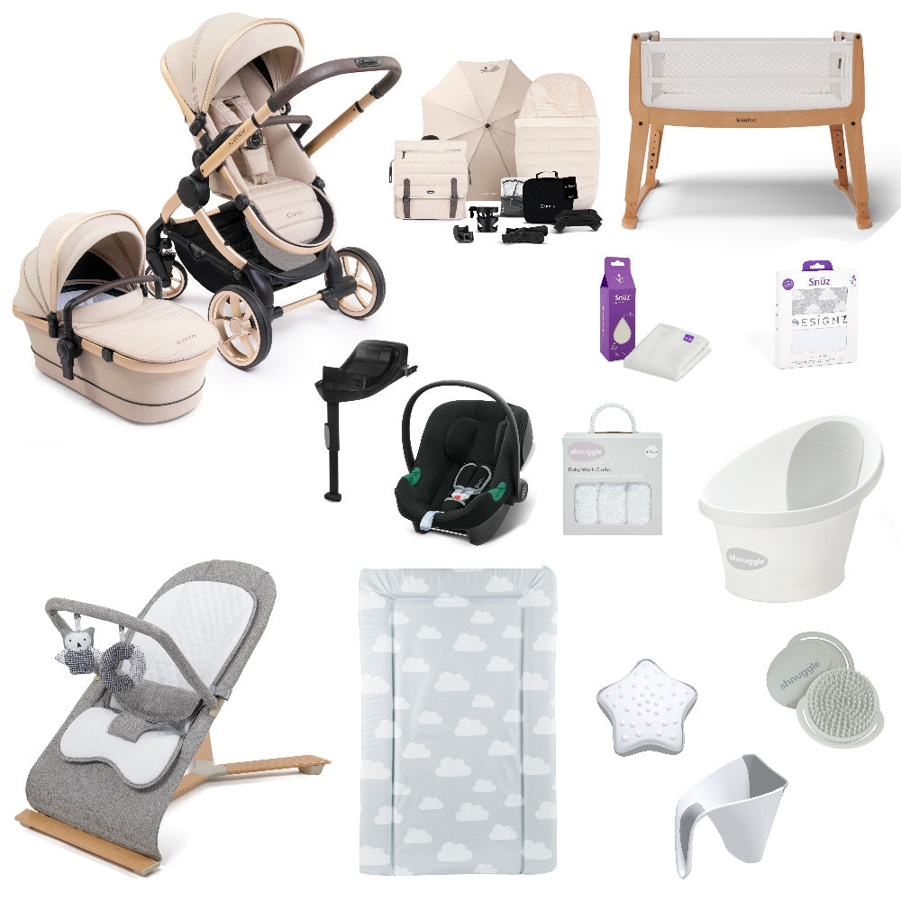 iCandy Peach 7 Pushchair & carrycot in Biscotti with accessories, complete with all babies essential including car seat, crib, bath and bath time accessories.