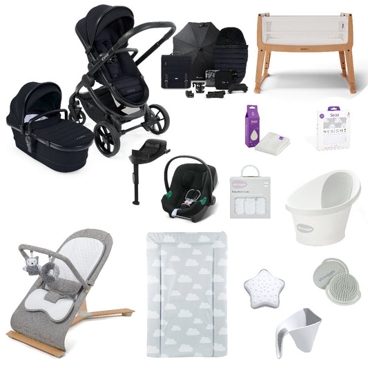 iCandy Peach 7 Pushchair & carrycot in Black with accessories, complete with all babies essential including car seat, crib, bath and bath time accessories.