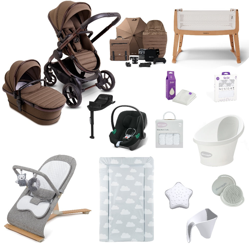 iCandy Peach 7 Pushchair & carrycot in Coco with accessories, complete with all babies essential including car seat, crib, bath and bath time accessories.