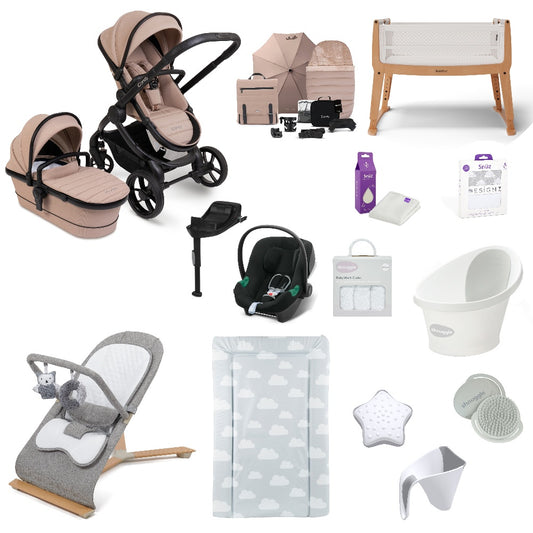 iCandy Peach 7 Pushchair & carrycot in Cookie with accessories, complete with all babies essential including car seat, crib, bath and bath time accessories.