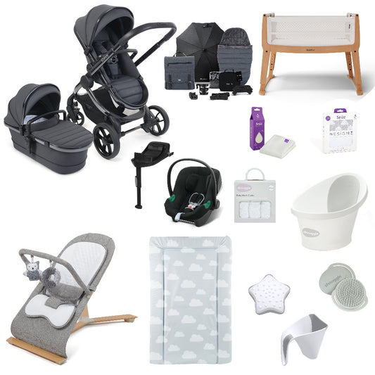 iCandy Peach 7 Pushchair & carrycot in Dark Grey with accessories, complete with all babies essential including car seat, crib, bath and bath time accessories.