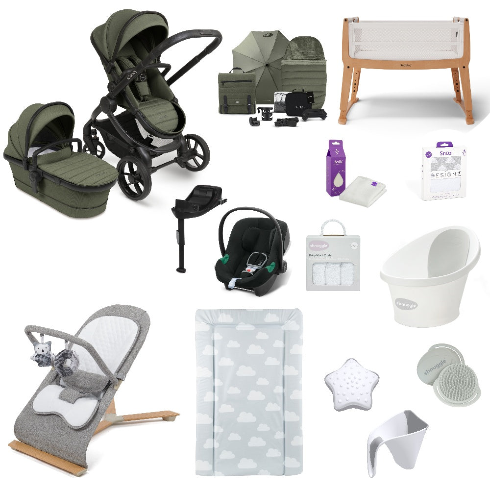 iCandy Peach 7 Pushchair & carrycot in Ivy with accessories, complete with all babies essential including car seat, crib, bath and bath time accessories.