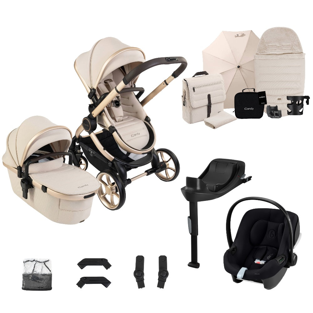 iCandy peach 8 bundle in Biscotti colourway complete with cybex aton B2 car seat and base.
