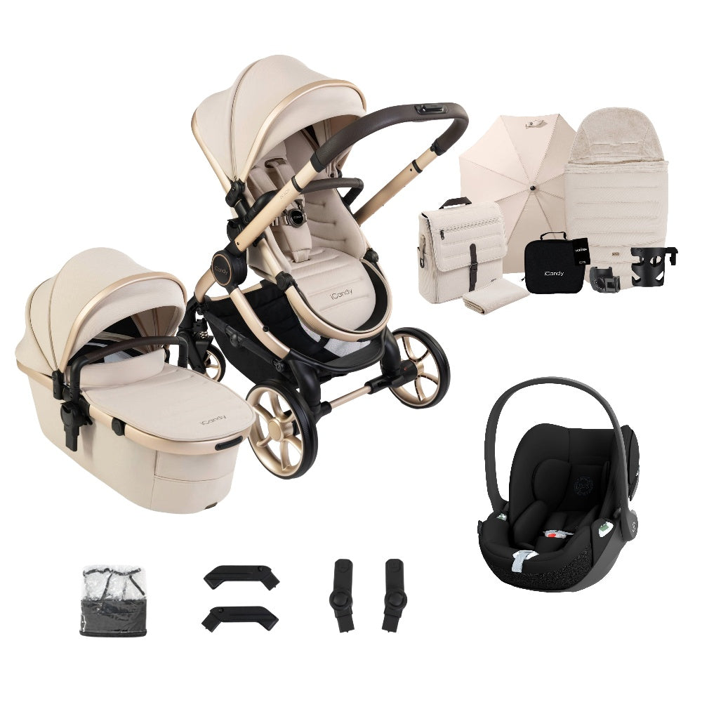 iCandy peach 8 bundle in biscotti colourway complete with cybex cloud t car seat.