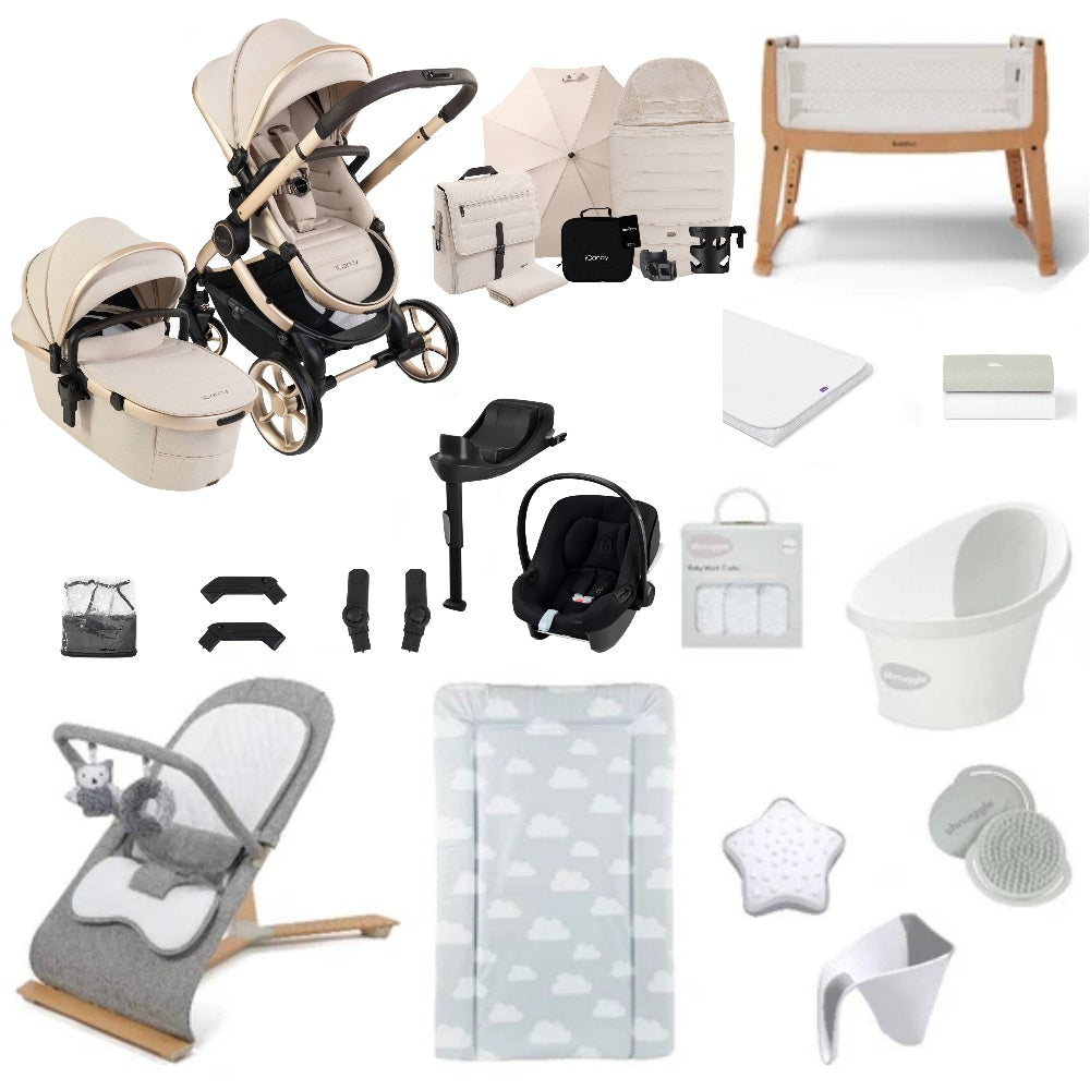 iCandy Peach 8 bundle in biscotti colourway with all babies essentials including crib, car seat and bathing accessories.