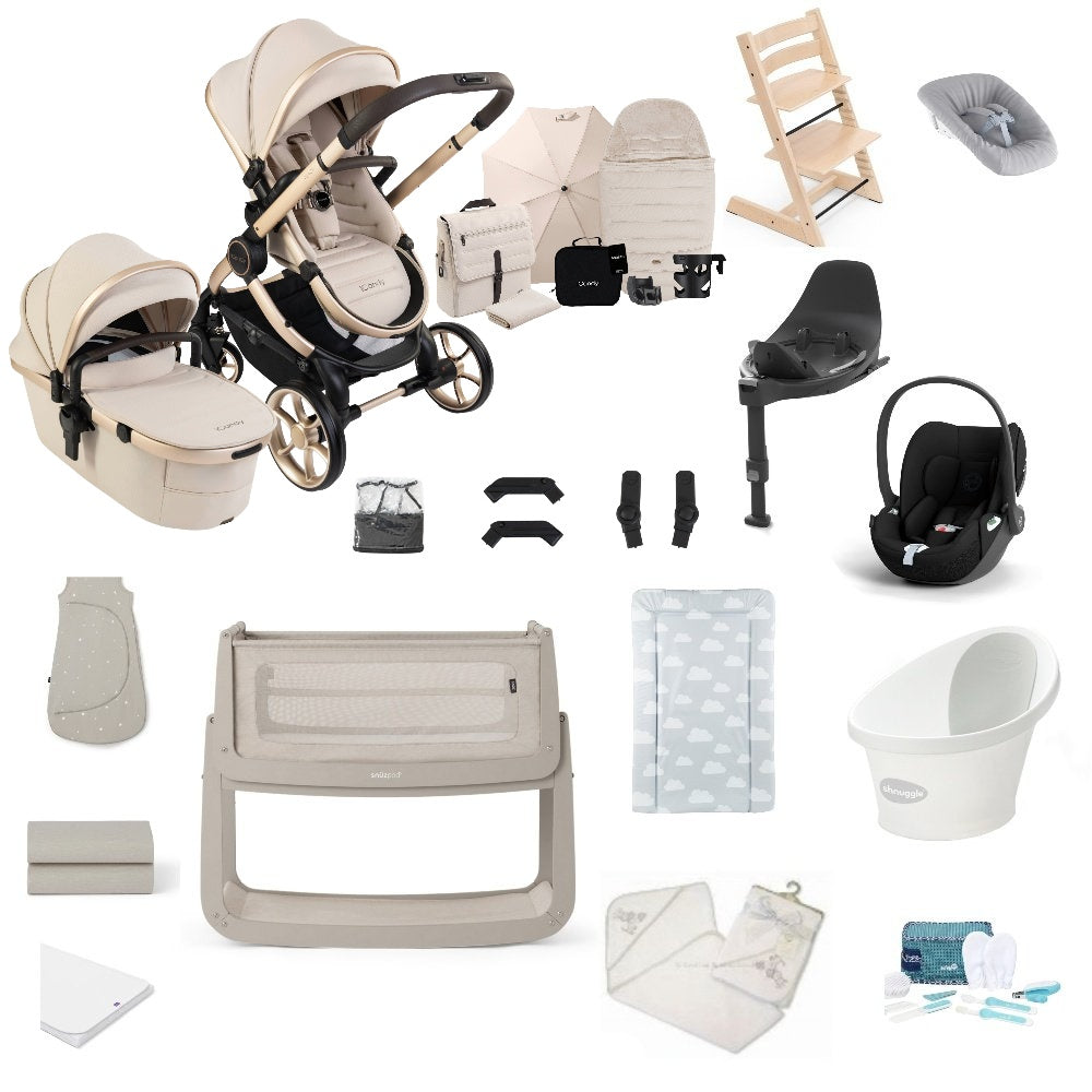 iCandy Peach 8 premium bundle in biscotti colourway with all babies essentials including crib, car seat and bathing accessories.