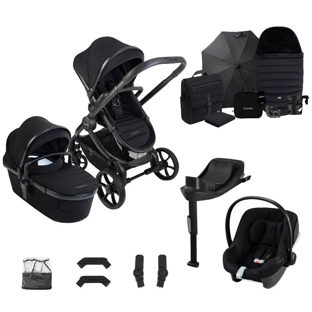iCandy peach 8 bundle in Black colourway complete with cybex aton B2 car seat and base.