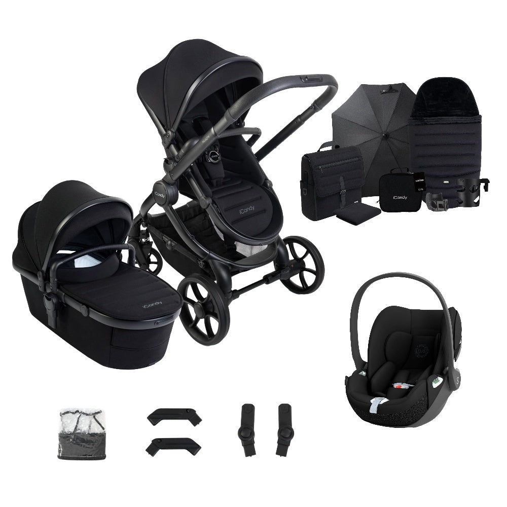 iCandy peach 8 bundle in black colourway complete with cybex cloud t car seat.