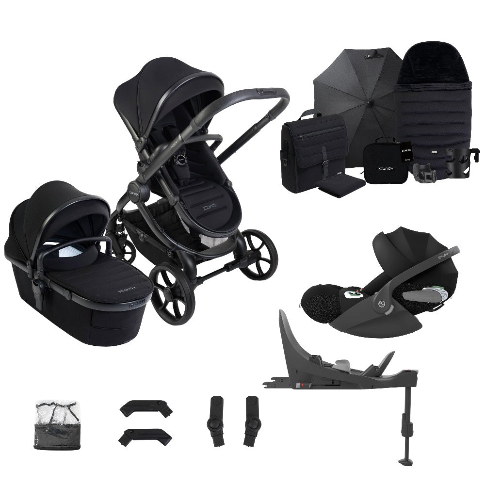 iCandy peach 8 bundle in black colourway complete with cybex cloud t car seat and base.