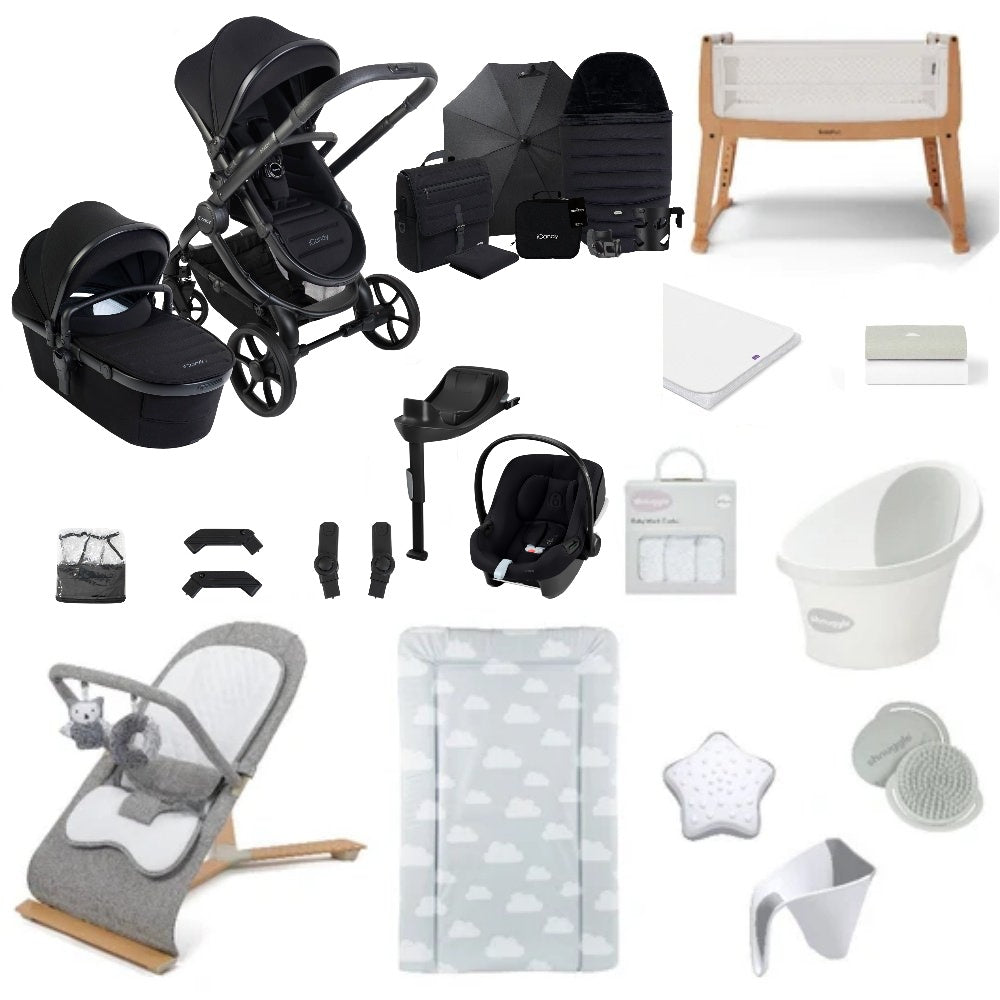 iCandy Peach 8 bundle in black colourway with all babies essentials including crib, car seat and bathing accessories.