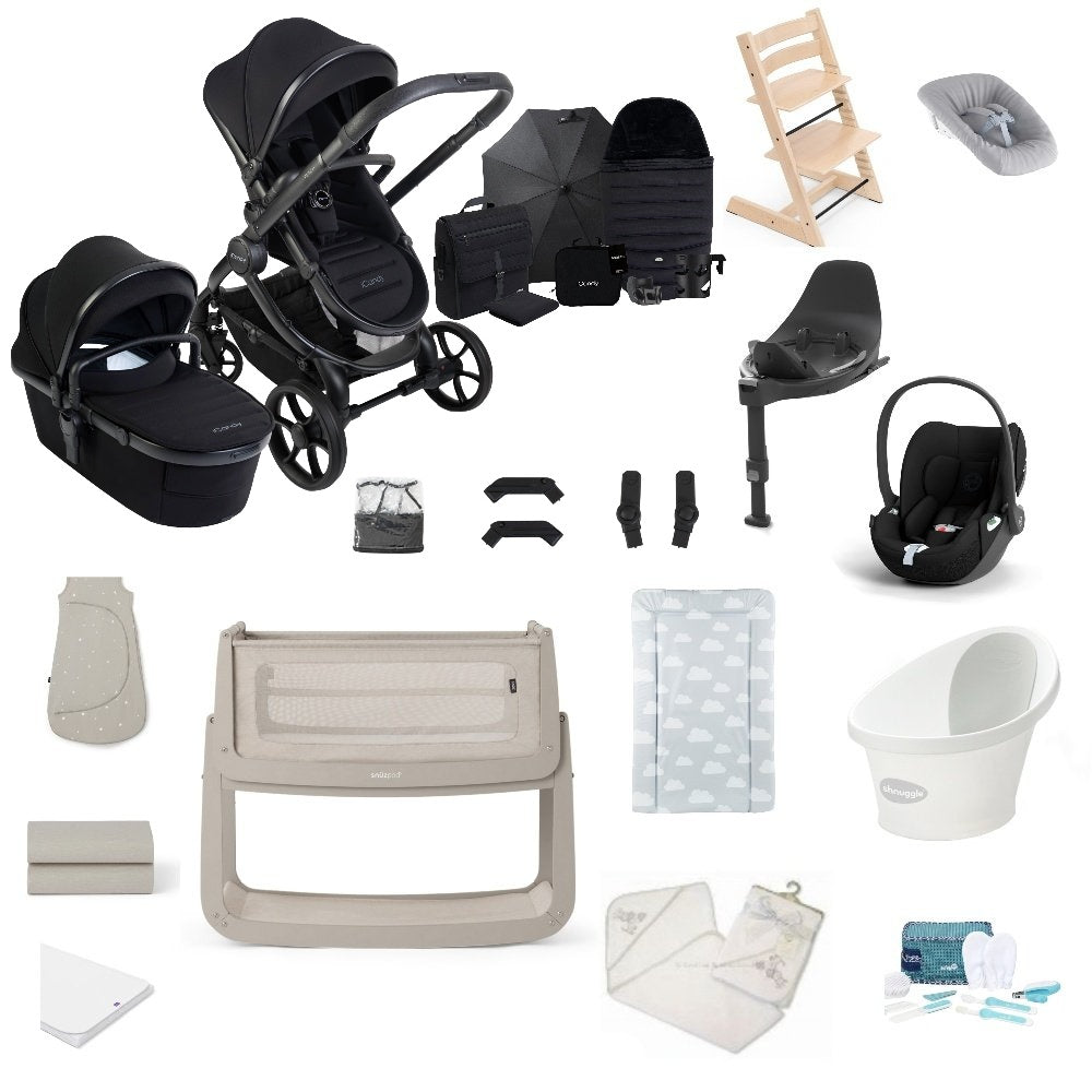 iCandy Peach 8 premium bundle in black colourway with all babies essentials including crib, car seat and bathing accessories.