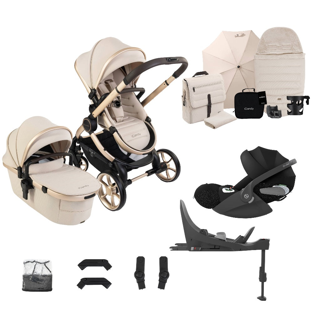 iCandy peach 8 bundle in biscotti colourway complete with cybex cloud t car seat and base.