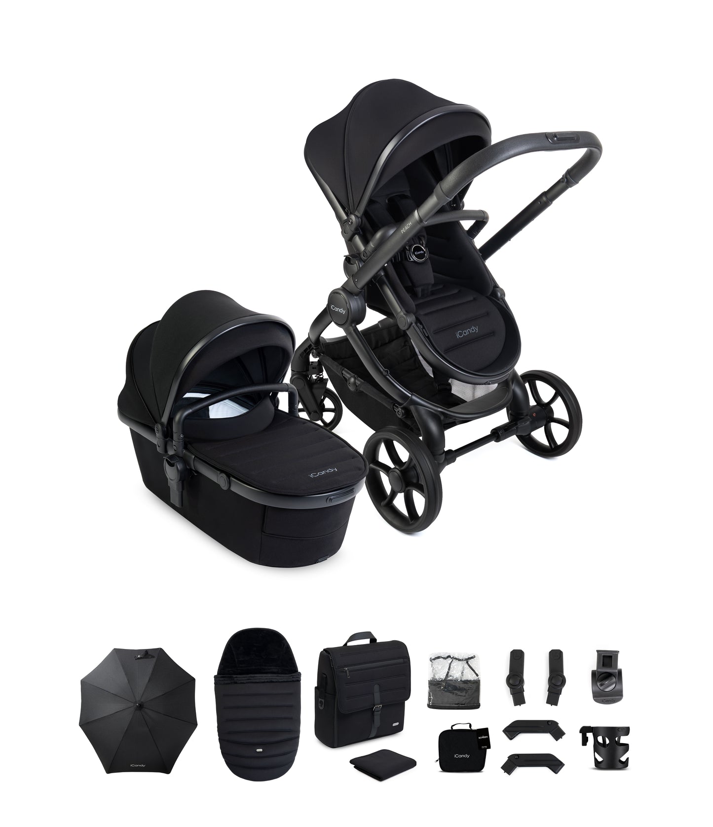 iCandy peach 8 bundle in black colourway with matching accessories.