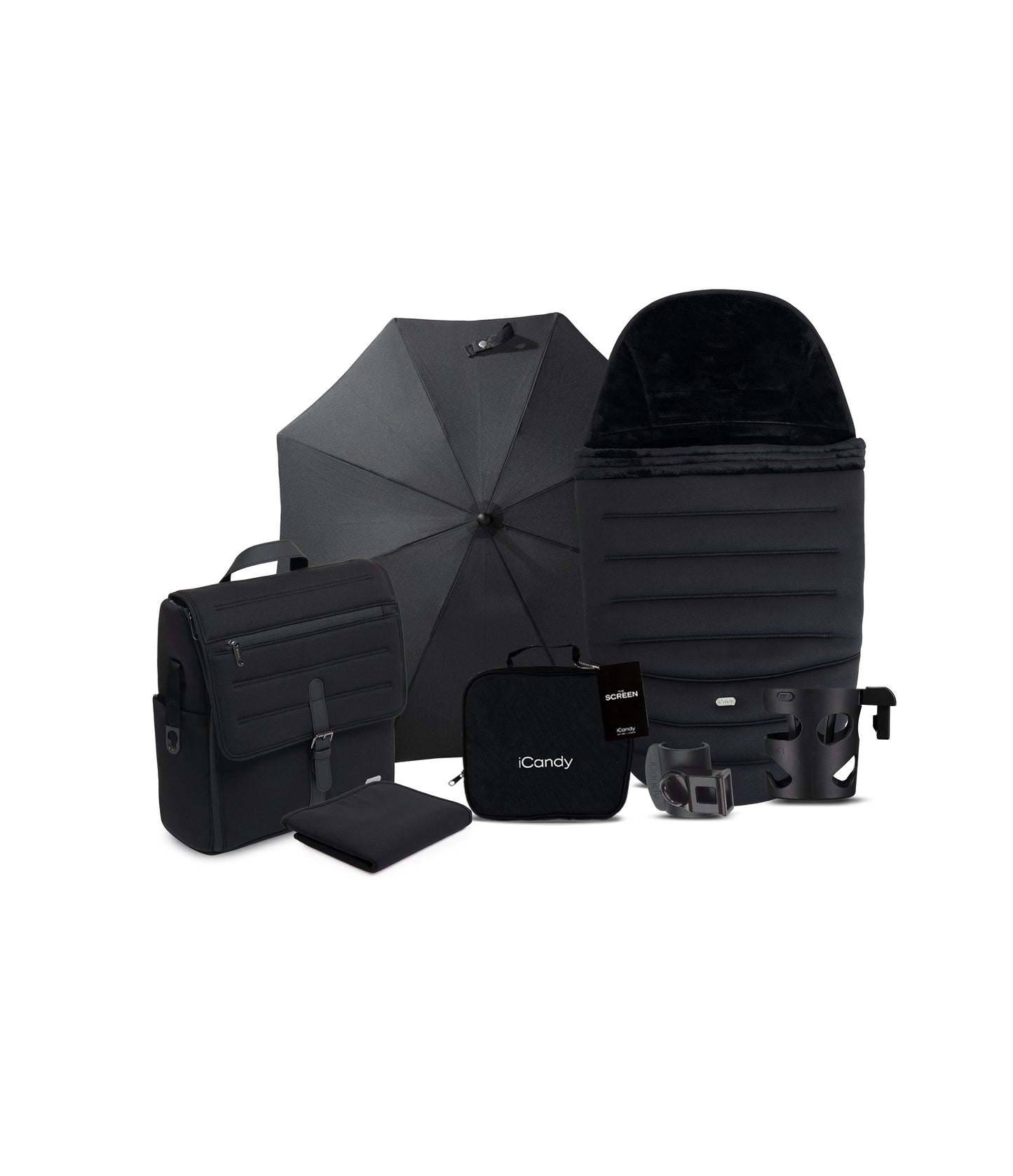 iCandy peach 8 bundle in black colourway with matching accessories.