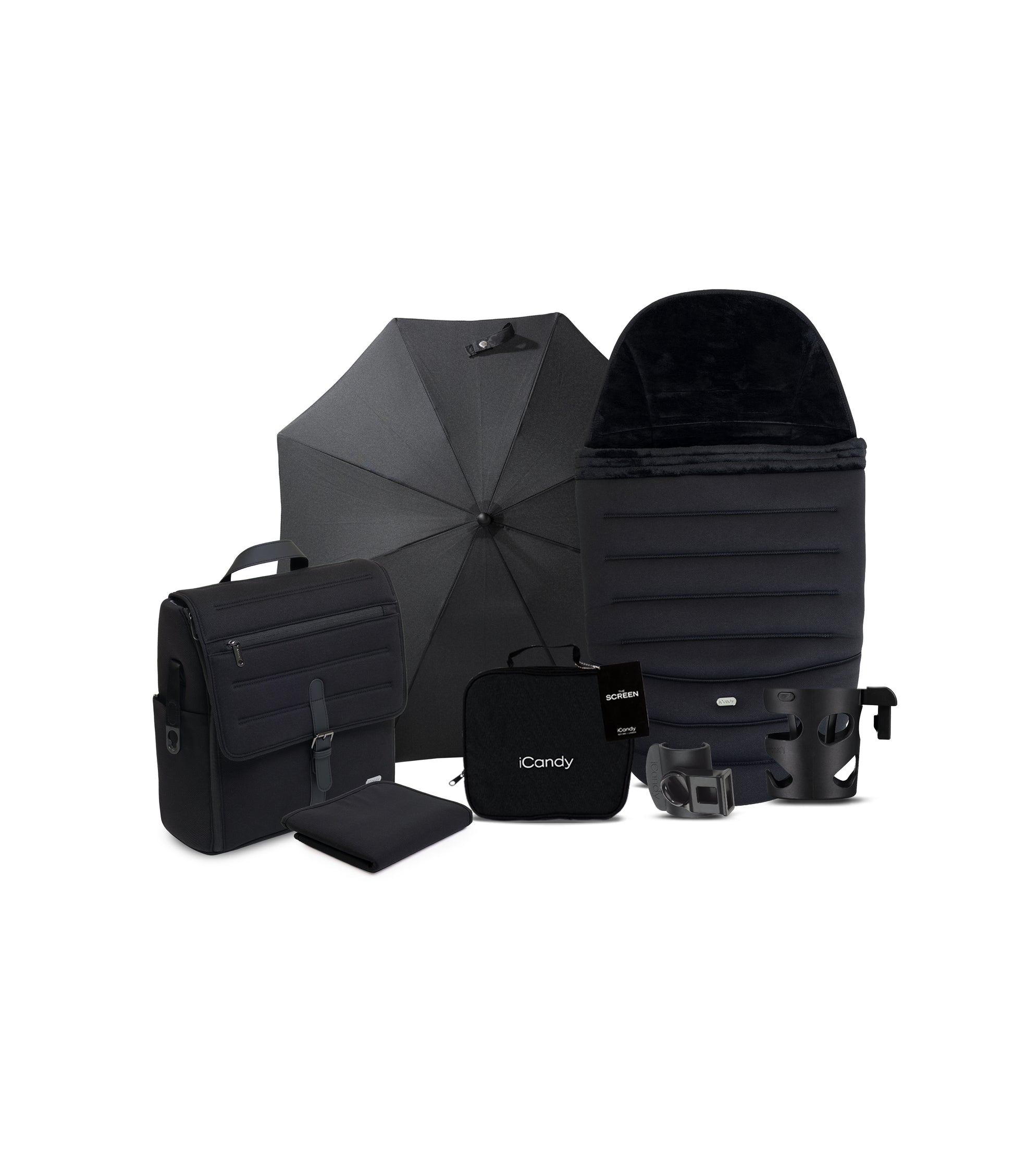 iCandy peach 8 bundle in black colourway with matching accessories.