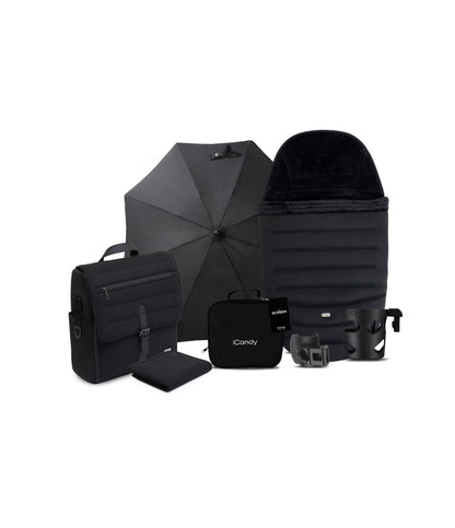 iCandy peach 8 bundle in black colourway with matching accessories.