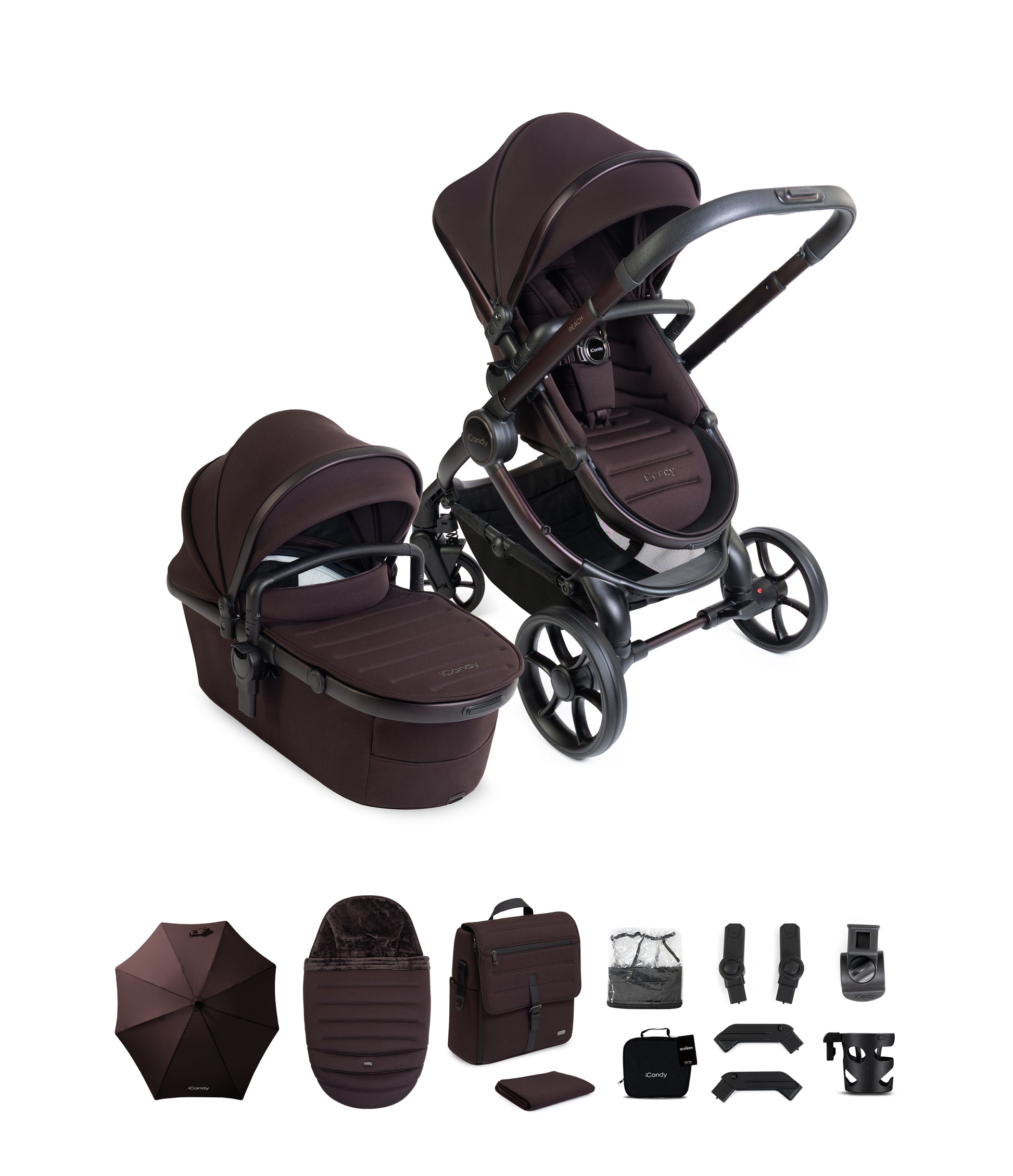 iCandy peach 8 bundle in coffee bean colourway with matching accessories.