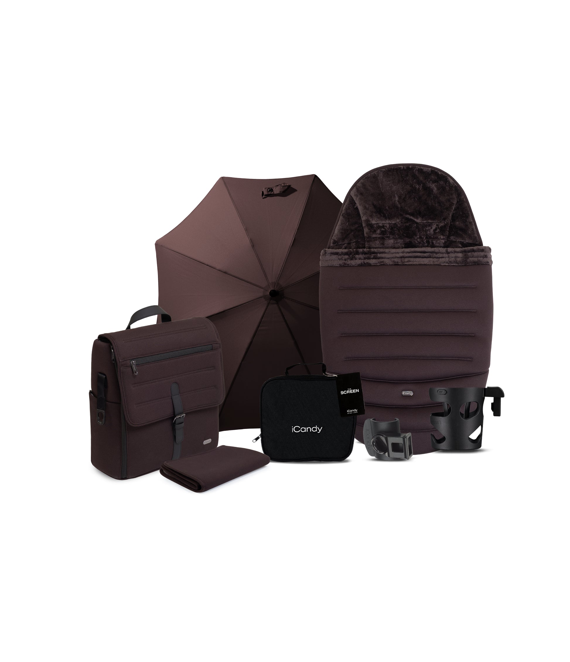 iCandy peach 8 bundle in coffee bean colourway with matching accessories.